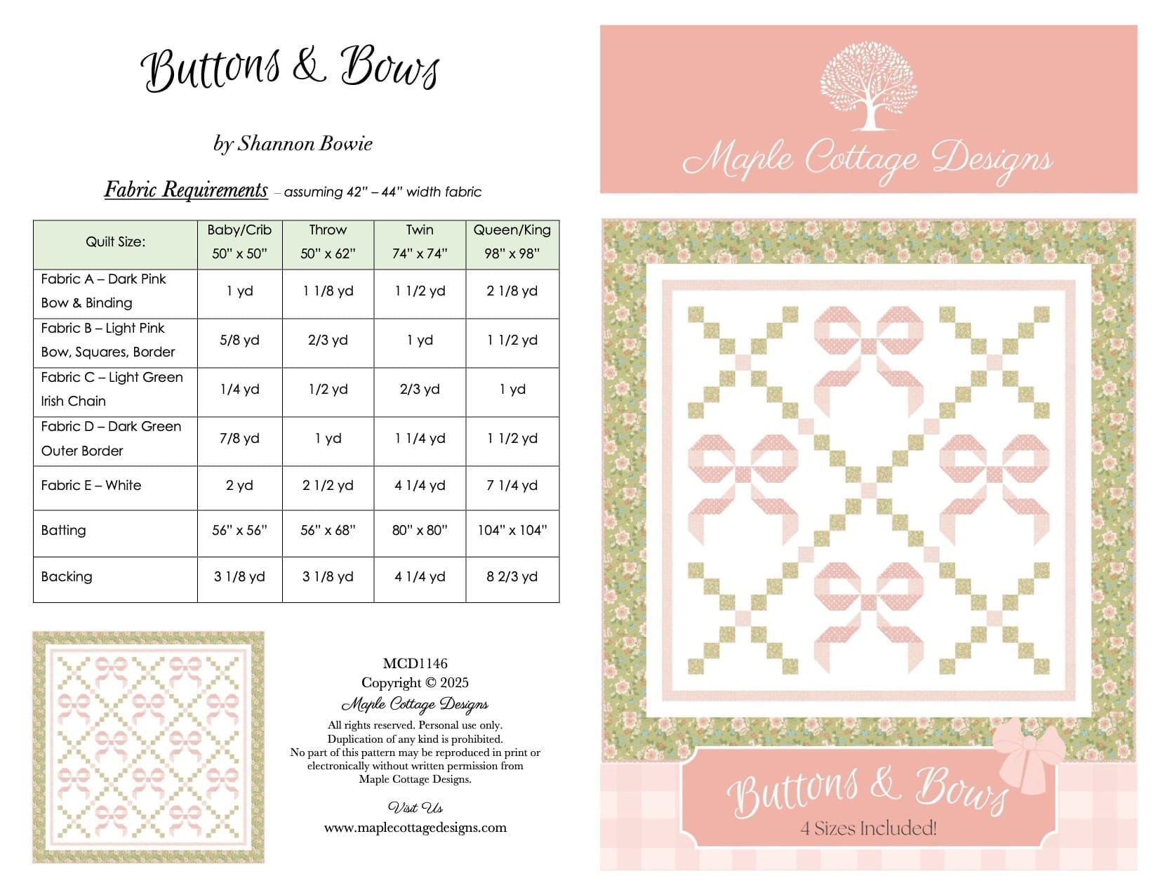 Buttons and Bows quilt pattern fabric amount